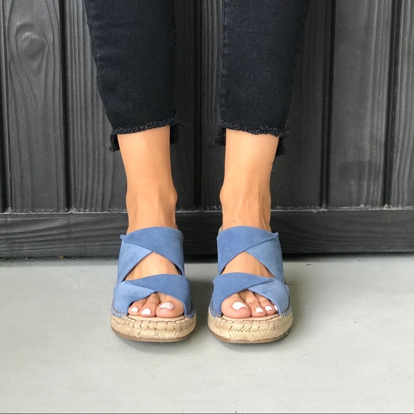 NIB Denim Blue Leather Espadrille Heel Mule Slides - Picture 4 of 7